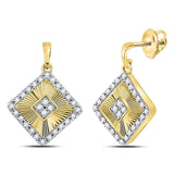 10kt Yellow Gold Womens Round Diamond Diagonal Square Dangle Earrings 1/5 Cttw