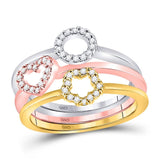 10kt Tri-Tone Gold Womens Round Diamond Circle Heart Star 3-Piece Stackable Ring Band Set 1/5 Cttw