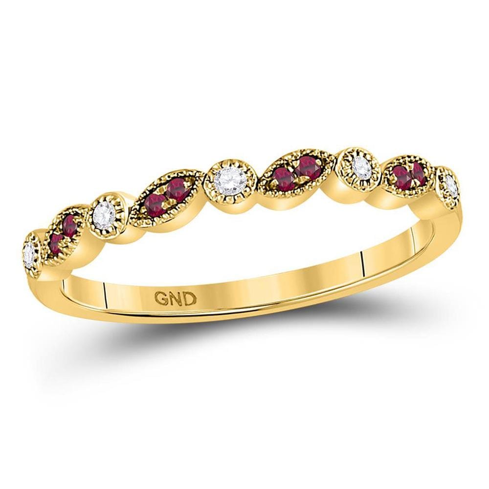 10kt Yellow Gold Womens Round Ruby Diamond Stackable Band Ring 1/8 Cttw