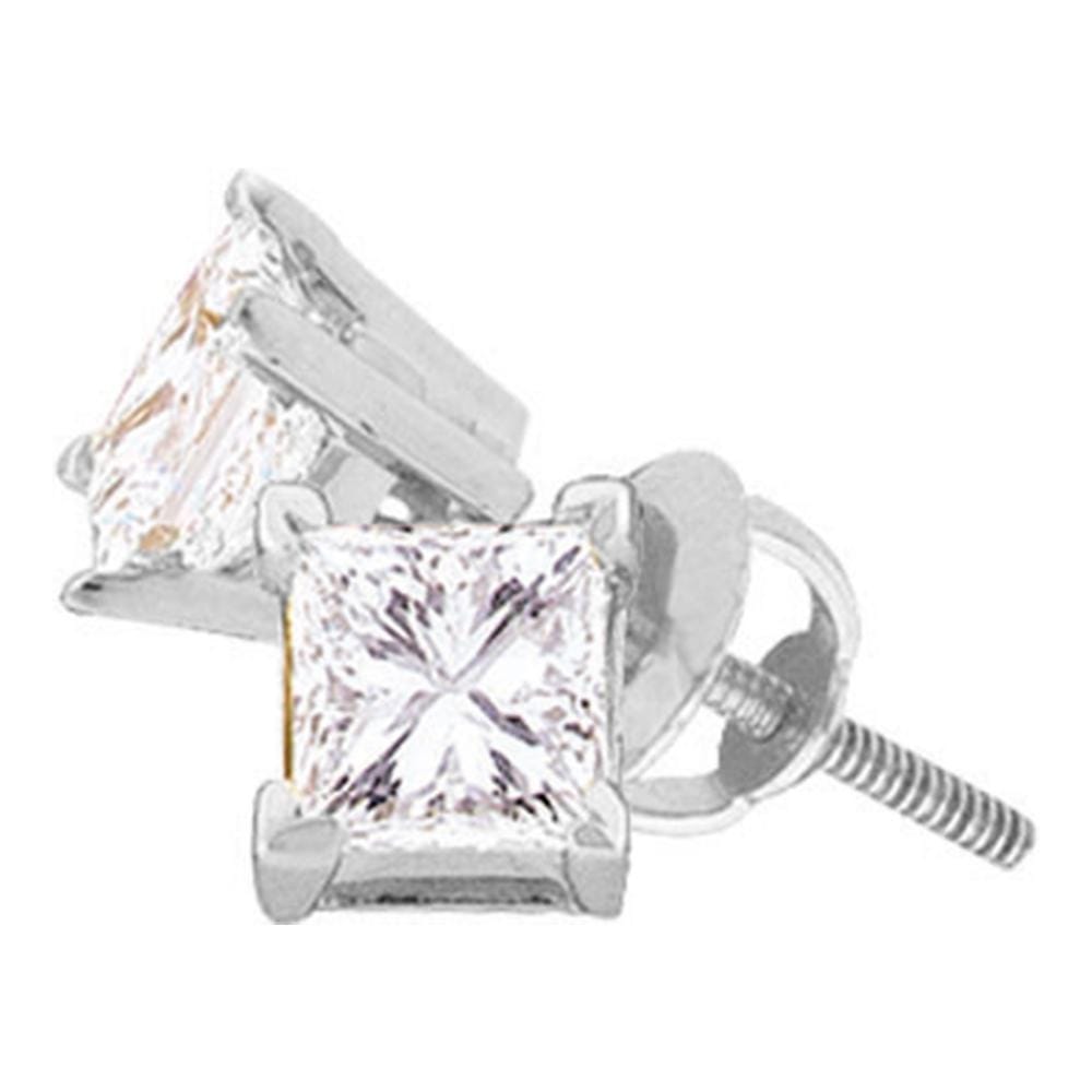 14kt White Gold Unisex Princess Diamond Solitaire Stud Earrings 1/4 Cttw
