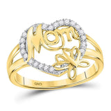 10kt Yellow Gold Womens Round Diamond Mom Mother Heart Butterfly Ring 1/6 Cttw