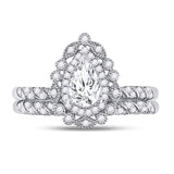 14kt White Gold Pear Diamond Milgrain Bridal Wedding Ring Band Set 1-1/3 Cttw