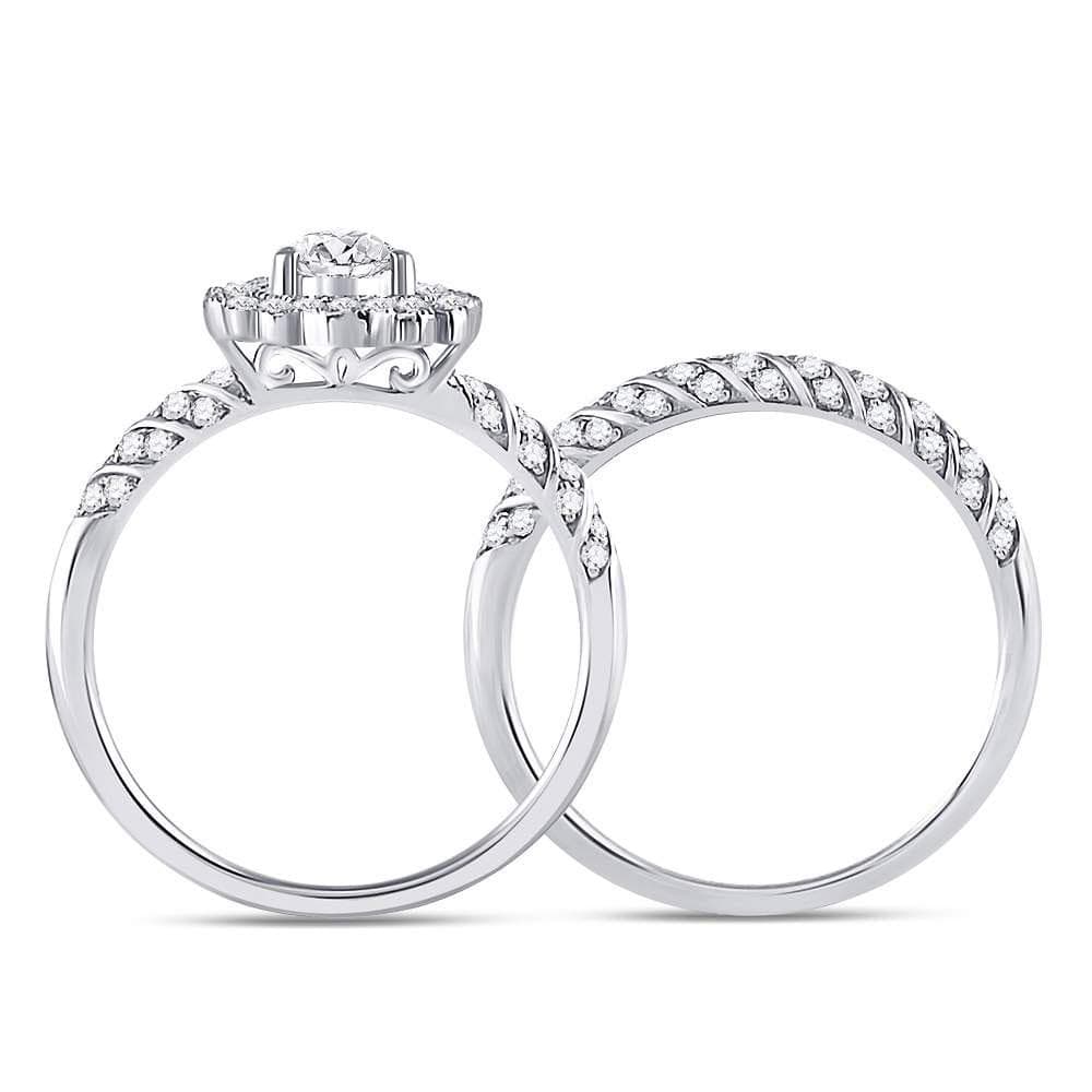 14kt White Gold Pear Diamond Milgrain Bridal Wedding Ring Band Set 1-1/3 Cttw