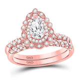 14kt Rose Gold Pear Diamond Milgrain Bridal Wedding Ring Band Set 1-1/3 Cttw