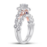 14kt Two-tone Gold Round Diamond Starburst Bridal Wedding Ring Set 3/4 Cttw