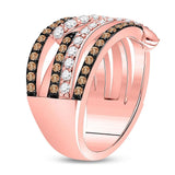 14kt Rose Gold Womens Round Brown Diamond Crossover Fashion Ring 1-1/4 Cttw