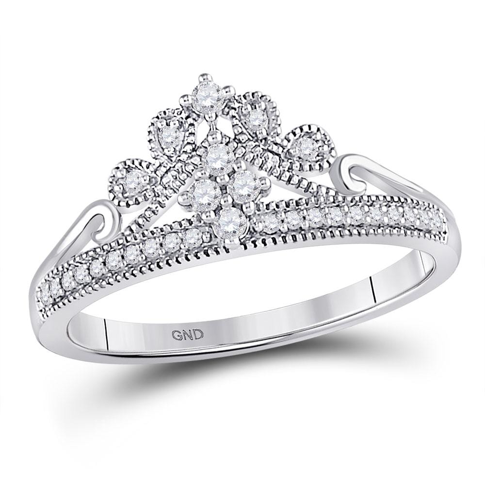 10kt White Gold Womens Round Diamond Crown Tiara Fashion Ring 1/6 Cttw