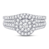 14kt White Gold Round Diamond Cluster Halo Bridal Wedding Ring Band Set 1 Cttw