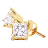 14kt Yellow Gold Unisex Princess Diamond Solitaire Stud Earrings 7/8 Cttw