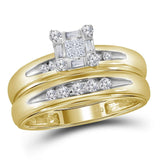 14kt Yellow Gold His Hers Princess Diamond Cluster Matching Wedding Set 3/8 Cttw