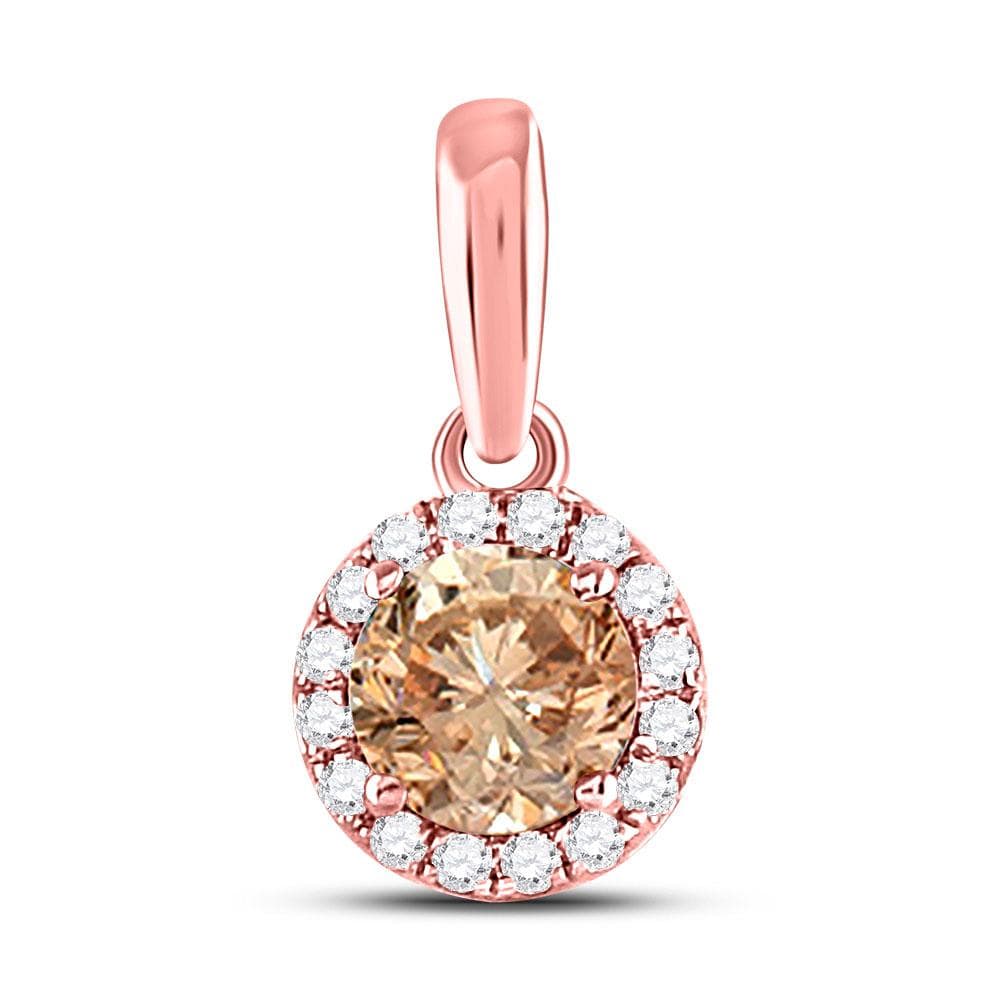 14kt Rose Gold Womens Round Brown Diamond Halo Solitaire Pendant 1/2 Cttw