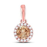 14kt Rose Gold Womens Round Brown Diamond Halo Solitaire Pendant 1/2 Cttw