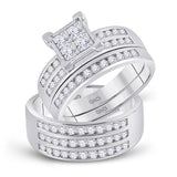 10kt White Gold His Hers Princess Diamond Cluster Matching Wedding Set 1-5/8 Cttw