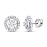 14kt White Gold Womens Round Diamond Circle Floral Cluster Earrings 3/8 Cttw