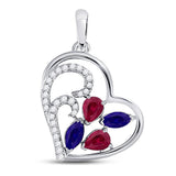10kt White Gold Womens Pear Ruby Blue Sapphire Diamond Heart Pendant 1 Cttw
