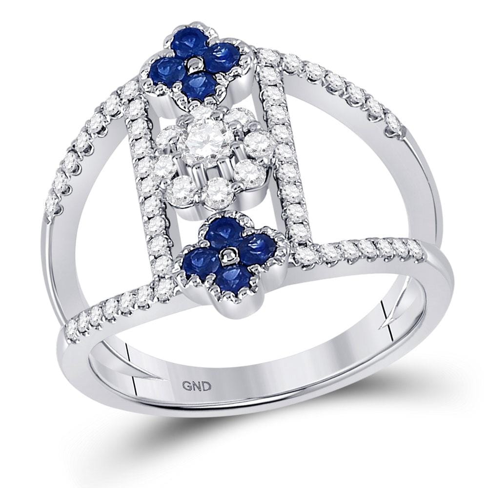 14kt White Gold Womens Round Blue Sapphire Diamond Fashion Ring /8 Cttw