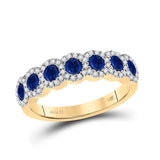 14kt Yellow Gold Womens Round Blue Sapphire Diamond Band Ring 1-1/4 Cttw