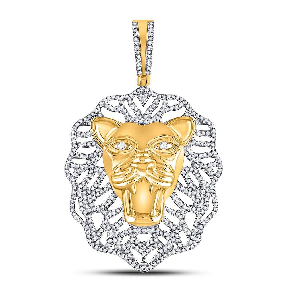 10kt Yellow Gold Mens Round Diamond Lion Head Charm Pendant 1-1/4 Cttw