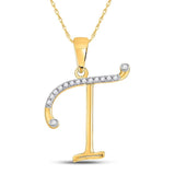 10kt Yellow Gold Womens Round Diamond T Initial Letter Pendant 1/10 Cttw