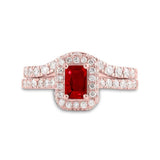 14kt Rose Gold Womens Emerald-cut Ruby Solitaire Bridal Wedding Ring Band Set 1-3/8 Cttw