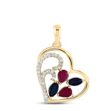 10kt Yellow Gold Womens Pear Ruby Blue Sapphire Diamond Heart Pendant 1 Cttw