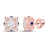 14kt Rose Gold Womens Round Diamond Blue Sapphire Cluster Earrings 5/8 Cttw