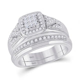 10kt White Gold His Hers Round Diamond Square Matching Wedding Set 3/4 Cttw