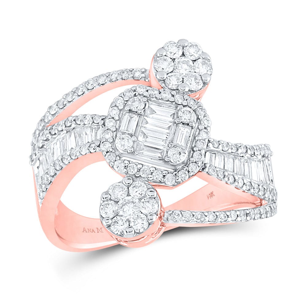 14kt Rose Gold Womens Baguette Diamond Cluster Ring 1 Cttw