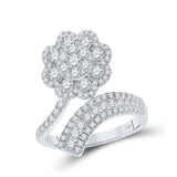 14kt White Gold Womens Round Diamond Flower Bypass Cocktail Ring 1-1/2 Cttw