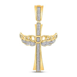 10kt Yellow Gold Mens Round Diamond Angel Wing Cuban Link Cross Charm Pendant 3/8 Cttw