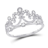 10kt White Gold Womens Round Diamond Fleur Crown Tiara Fashion Ring 1/5 Cttw