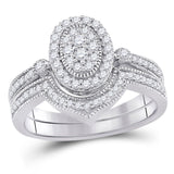 10kt White Gold Round Diamond Oval Cluster Bridal Wedding Ring Band Set 1/2 Cttw