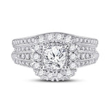 14kt White Gold Cushion Diamond Bridal Wedding Ring Band Set 1-1/2 Cttw
