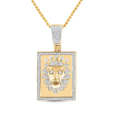 14kt Yellow Gold Mens Round Diamond Lion Crown Rectangle Tag Charm Pendant 1/2 Cttw