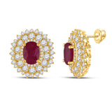 14kt Yellow Gold Womens Oval Ruby Diamond Halo Earrings 3-1/4 Cttw