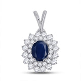 14kt White Gold Womens Oval Blue Sapphire Diamond Halo Pendant 3/4 Cttw