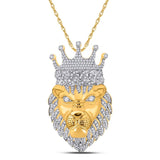 10kt Yellow Gold Mens Round Diamond Lion Face Crown Charm Pendant 1-3/4 Cttw