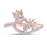 10kt Rose Gold Womens Round Diamond King Queen Heart Ring 1/6 Cttw