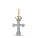 10kt Yellow Gold Mens Round Diamond Crown Cross Charm Pendant 1 Cttw