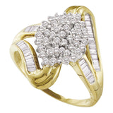 10kt Yellow Gold Womens Round Diamond Cluster Swirl Shank Baguette Ring 1/2 Cttw