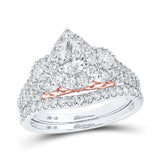 14kt Two-tone Gold Pear Diamond Halo Bridal Wedding Ring Band Set 1-1/2 Cttw