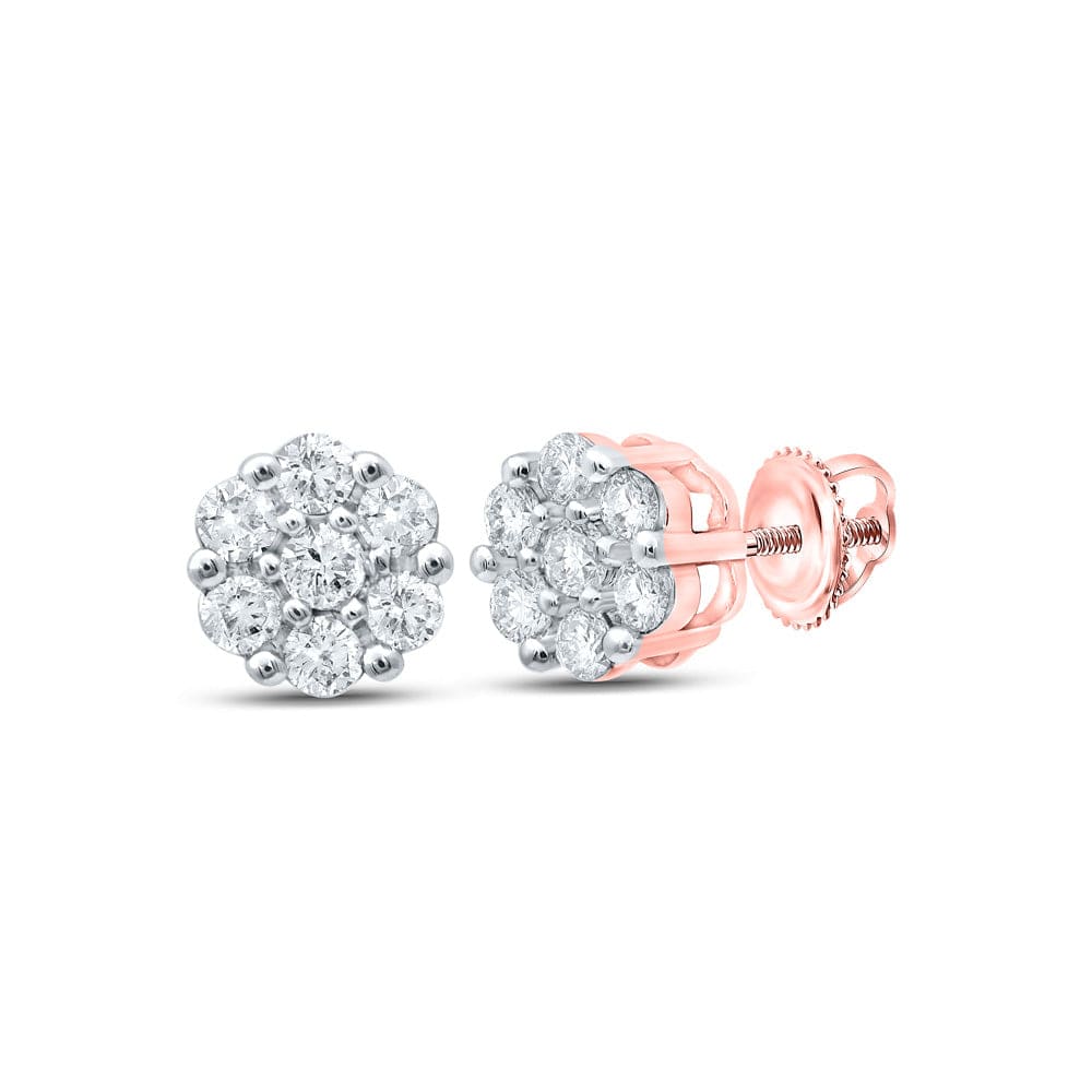 10kt Rose Gold Womens Round Diamond Flower Cluster Earrings 1/5 Cttw