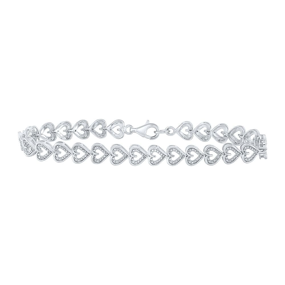 Sterling Silver Womens Round Diamond Heart Bracelet 1/12 Cttw