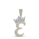 10kt Two-tone Gold Mens Round Diamond Crown E Letter Charm Pendant 1-1/5 Cttw