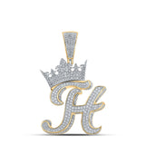 10kt Two-tone Gold Mens Round Diamond Crown H Letter Charm Pendant 1-7/8 Cttw