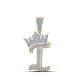 10kt Two-tone Gold Mens Round Diamond Crown I Letter Charm Pendant 1-1/3 Cttw
