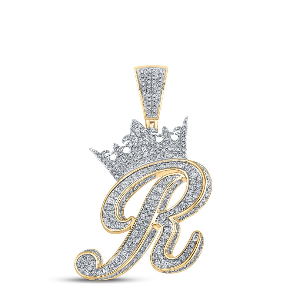 10kt Two-tone Gold Mens Round Diamond Crown R Letter Charm Pendant 1-7/8 Cttw
