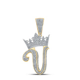 10kt Two-tone Gold Mens Round Diamond V Crown Letter Charm Pendant 1-1/5 Cttw