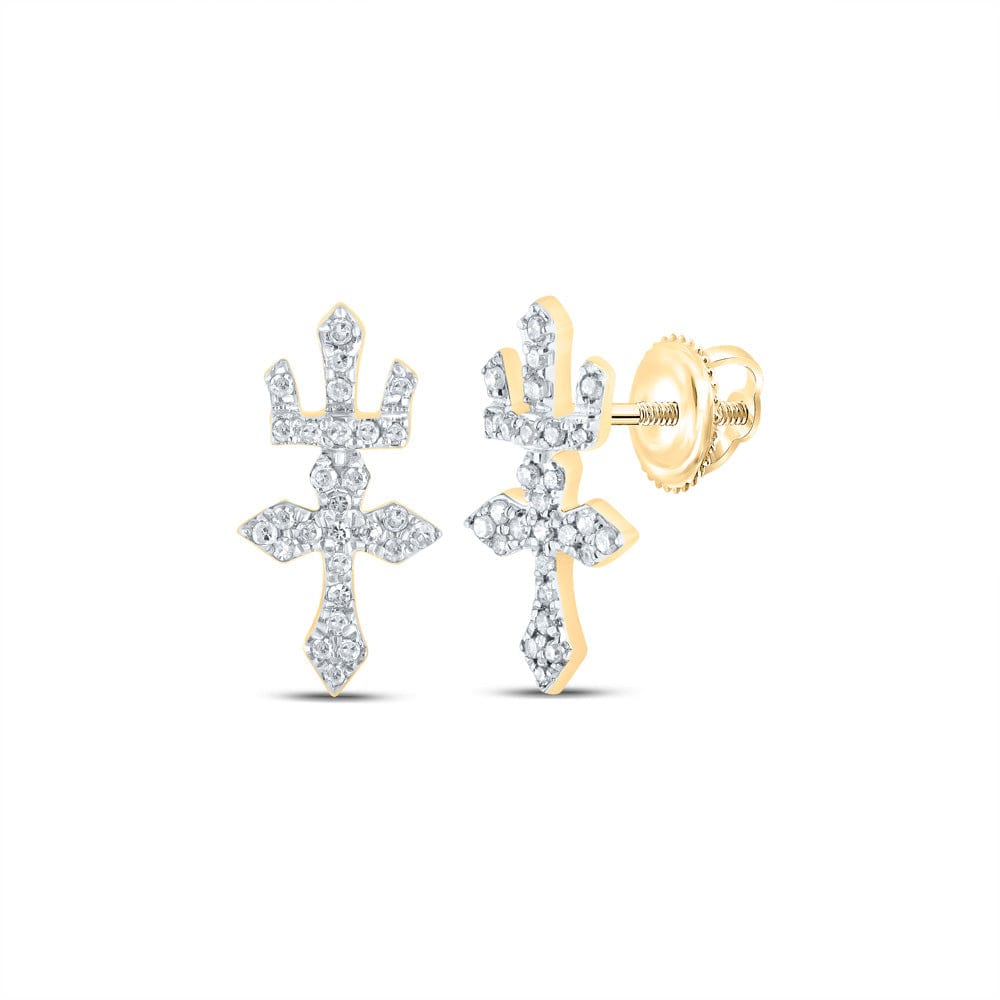 10kt Yellow Gold Womens Round Diamond Crown Cross Earrings 1/6 Cttw