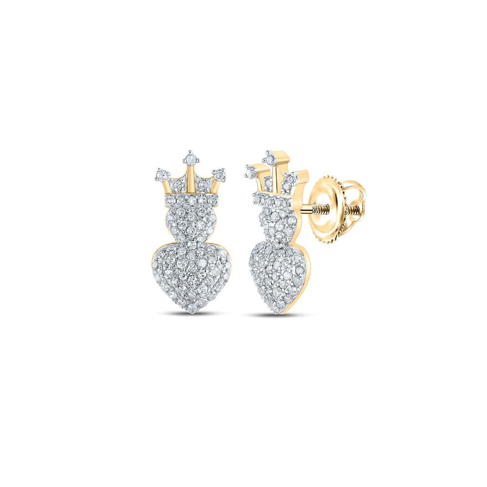 10kt Yellow Gold Womens Round Diamond Crown Heart Earrings 1/3 Cttw